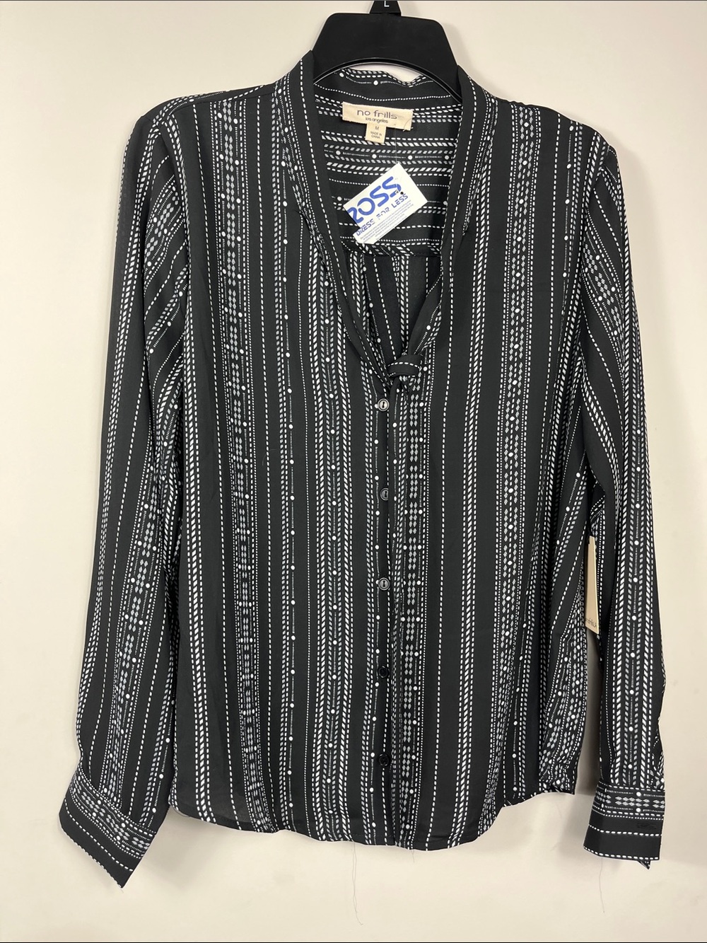No Frills Los Angeles Black White Stripe Blouse Tie Neck Size M NWT
